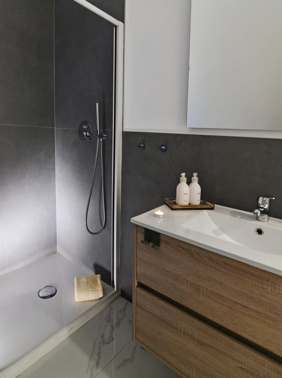 The bathroom's walk-in shower
